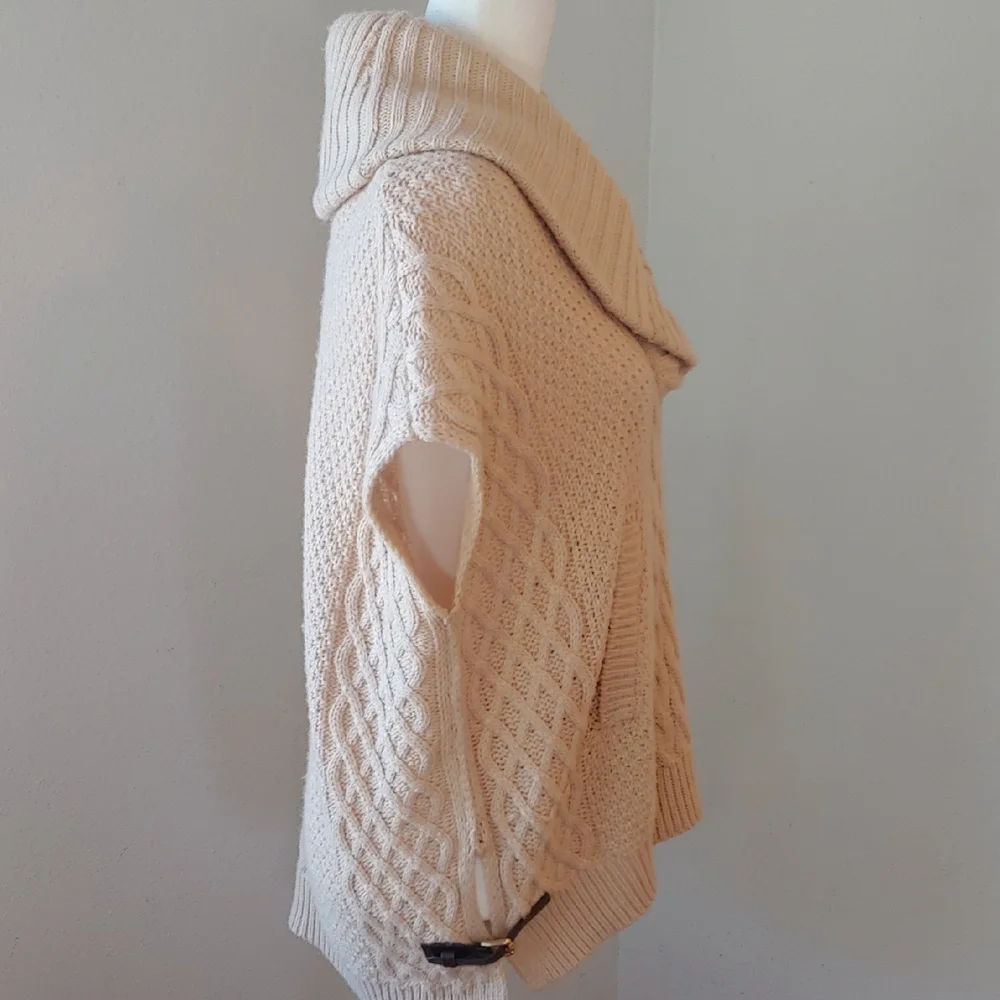 Saks Fifth Ave Wool Blend Cream Cable Knit Cowl Sweater with Side Belts Small - Picture 12 of 16